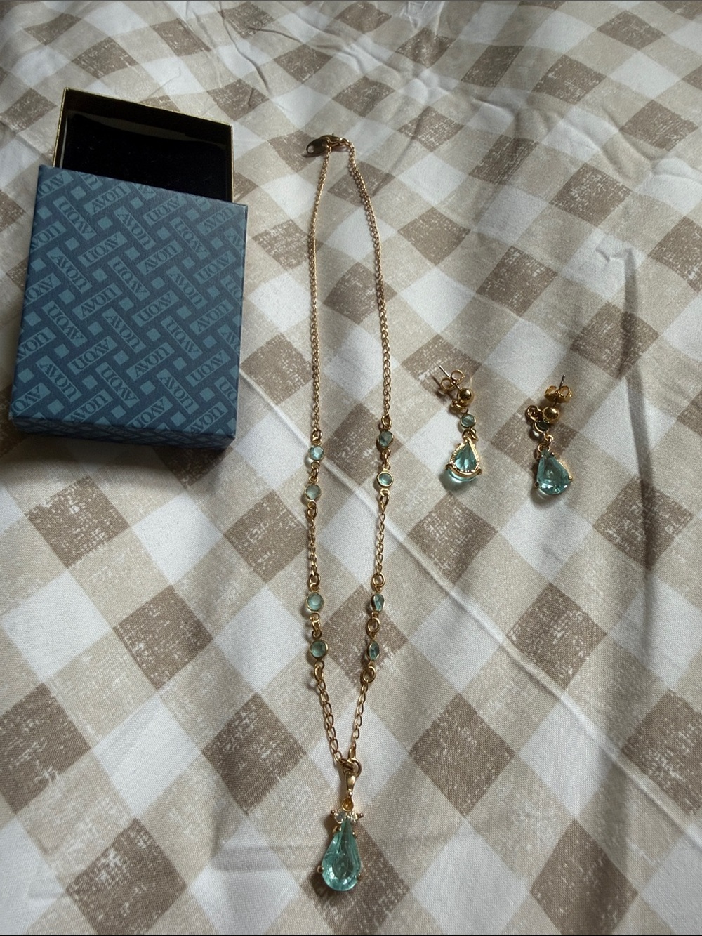 Avon Gold-Tone Necklace and Earrings with Aquamarine Teardrops